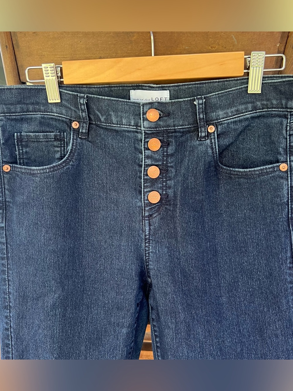 LOFT High Rise Skinny Jeans Size 10/30 Exposed Button Fly Dark Wash Denim 477357 - Picture 6 of 13